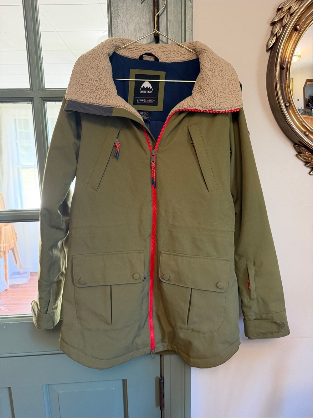 Burton Olive Green Field Jacket with Sherpa Collar and Red Zipper
